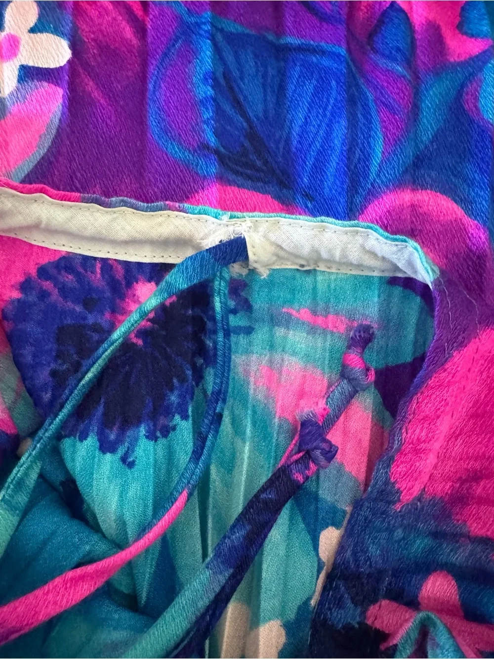 vintage 70s accordion pleat barkcloth Hawaiian print caftan OS